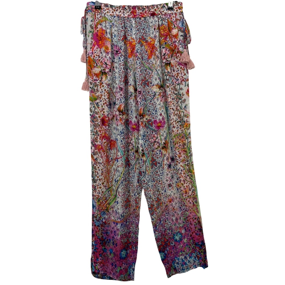 Elie Tahari Size Small Silk Boho Wide Leg Pants Multi Floral Tassel Pockets